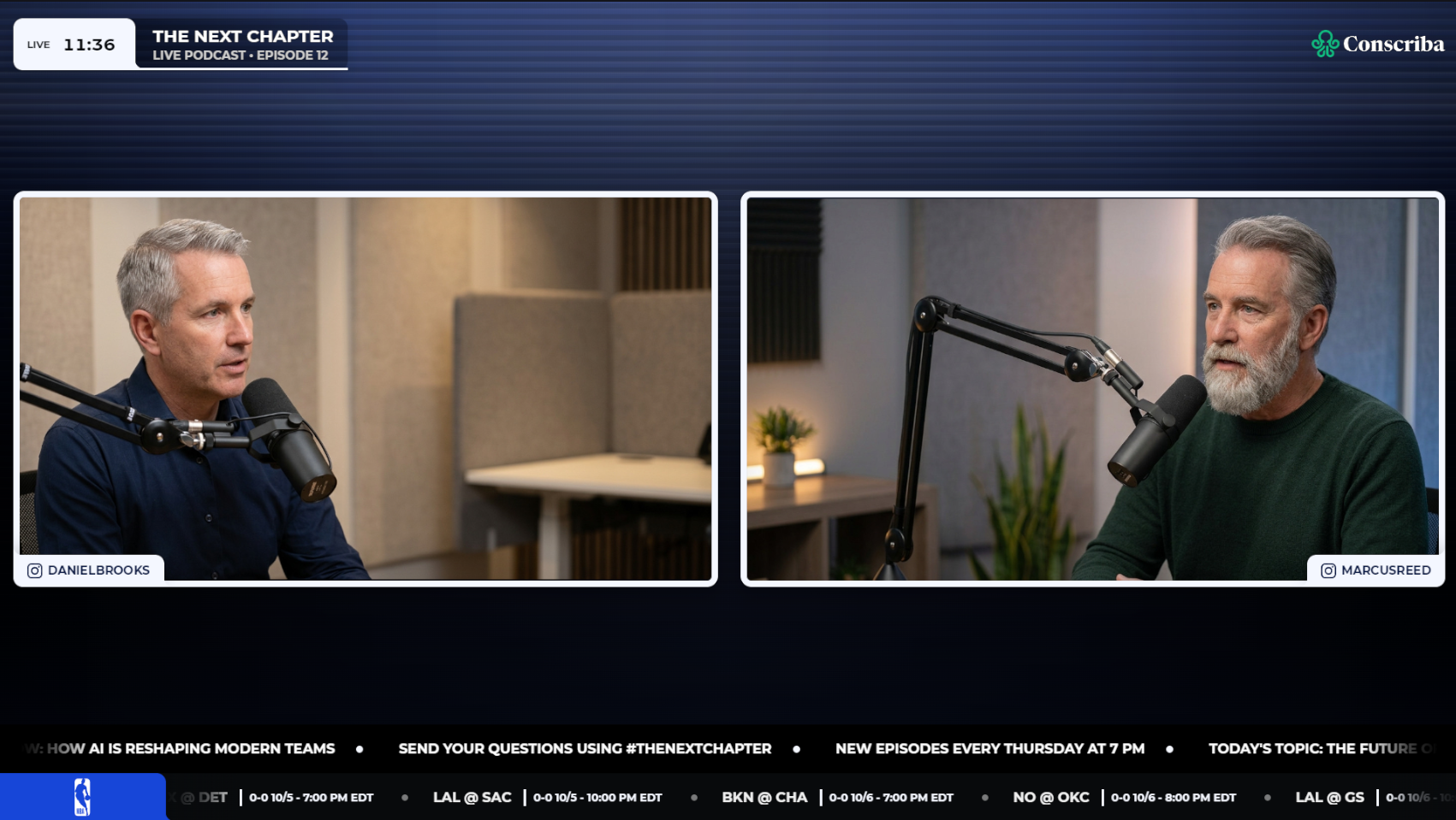 Two podcast guests shown side by side in an equal LHM Studio camera layout.