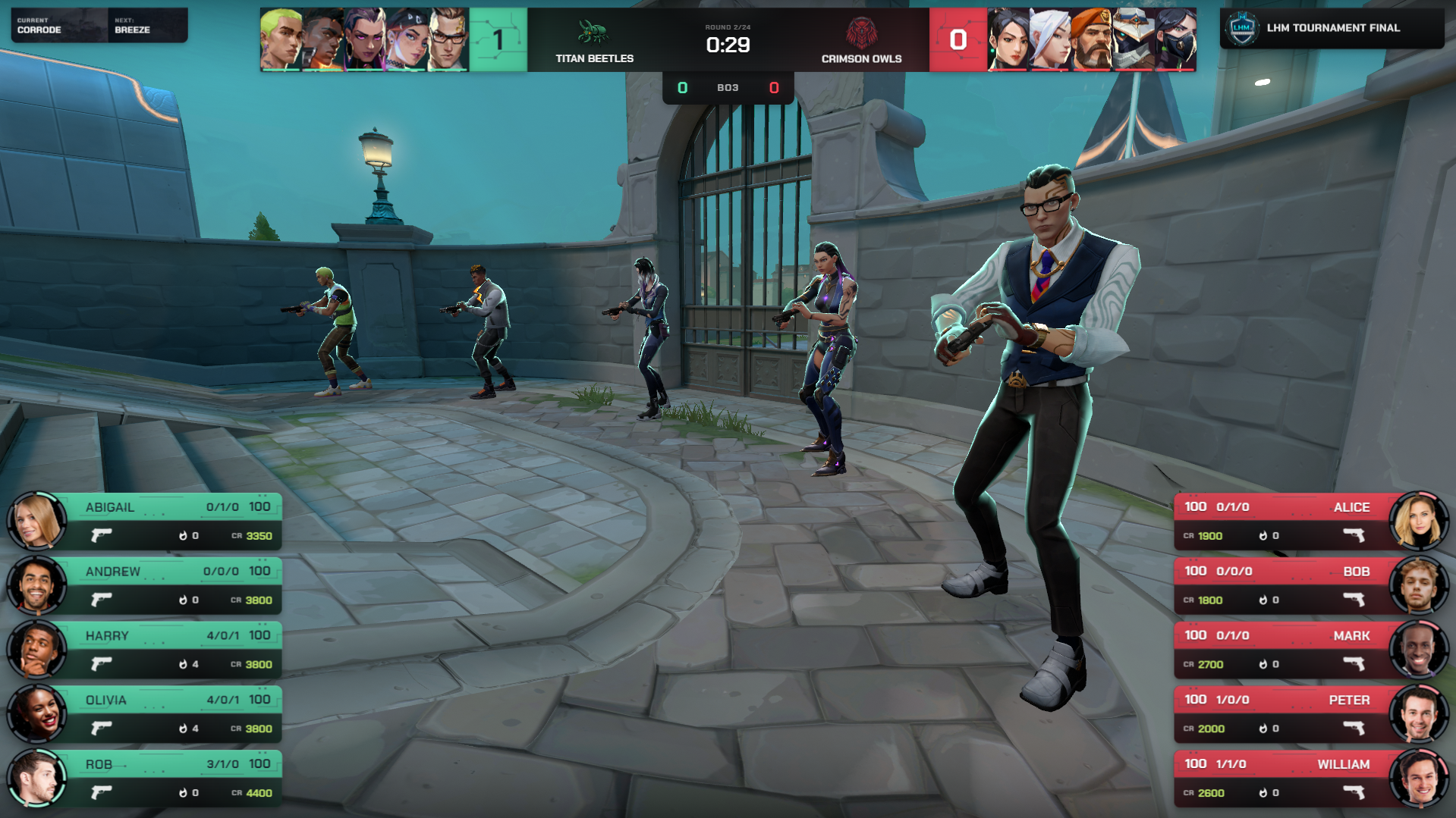 Ultra Valorant HUD showing the matchbar, agent panels, player health, weapons and economy during an esports broadcast