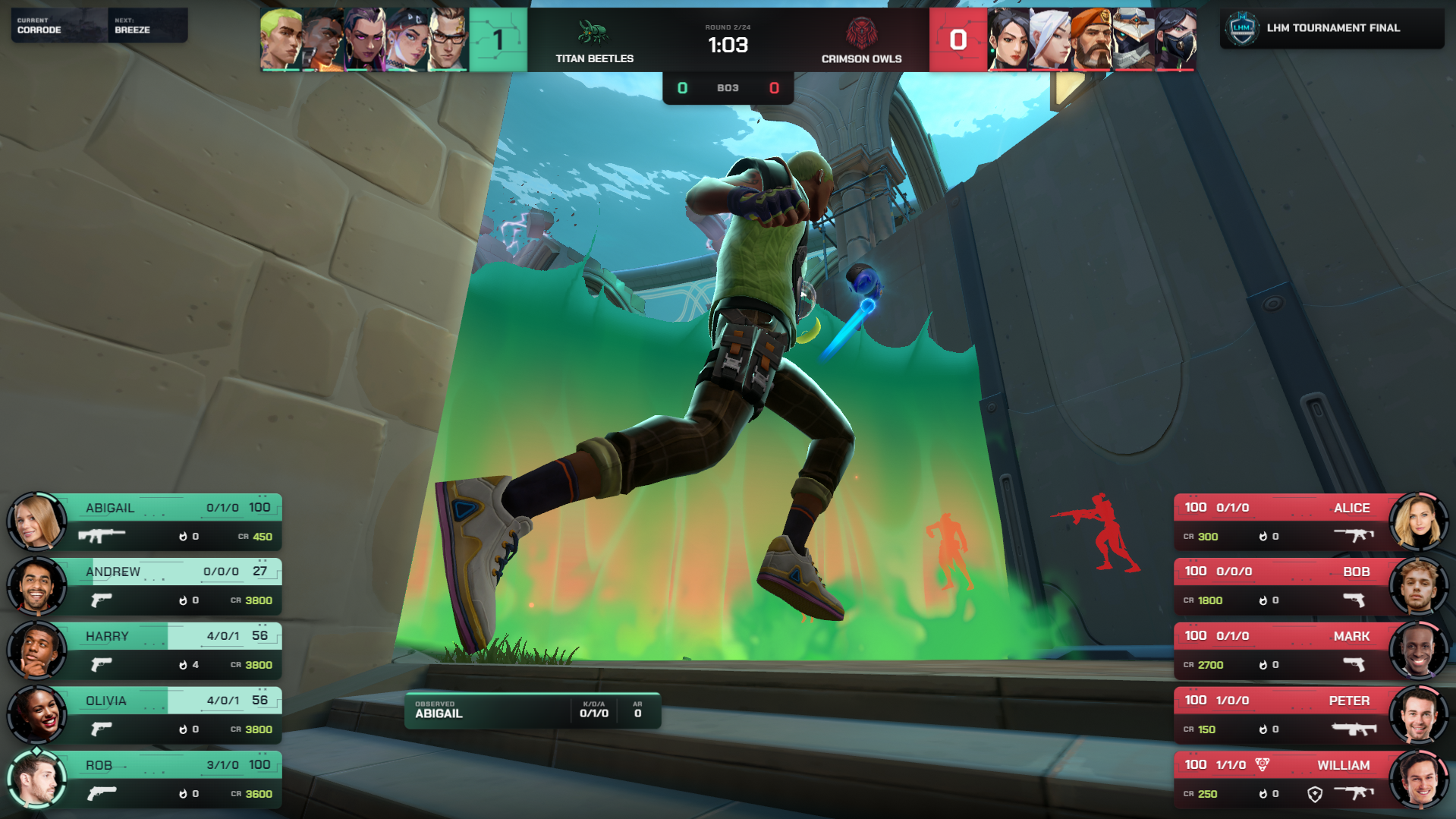 Ultra Valorant live match HUD with team score, round information and detailed player panels